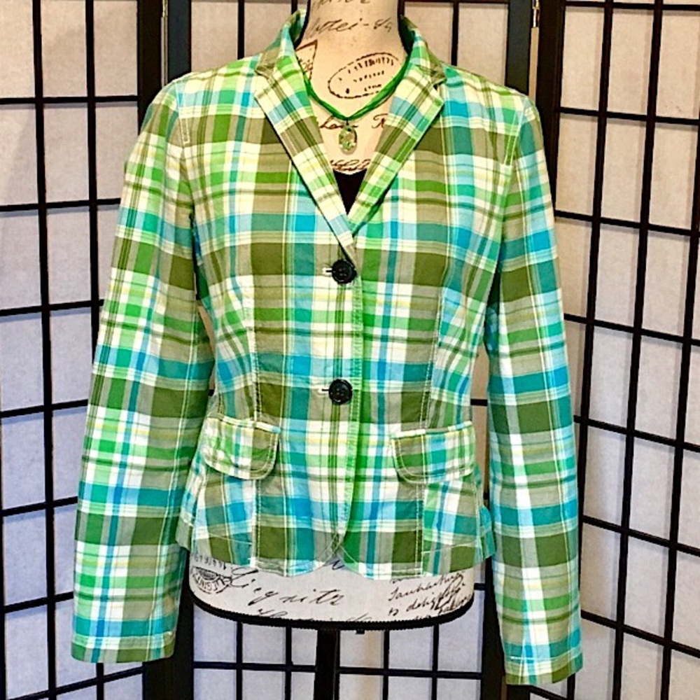 🦋Vintage Gap Turquoise & Green Plaid Blazer (6)🦋
